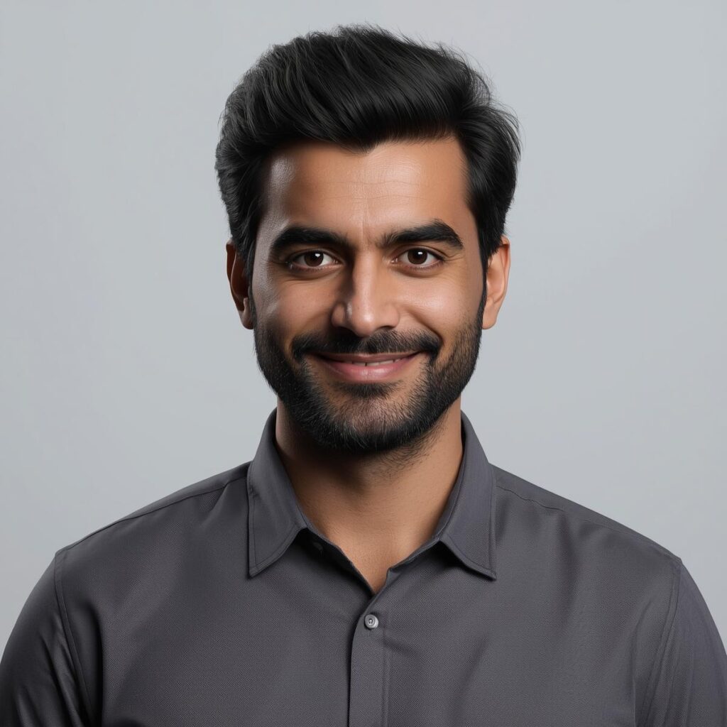 Home “a professional portrait of a pakistani man in his late 20s, wearing a smart casual shirt, confident smile, studio background, realistic lighting, 4k resolution, photo realistic headshot.”