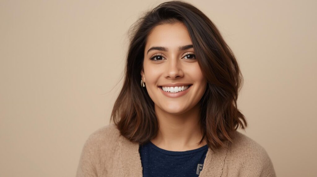 About “a young creative woman wearing a casual outfit, shoulder length hair, warm smile, pastel background, realistic lighting, professional testimonial portrait style.”