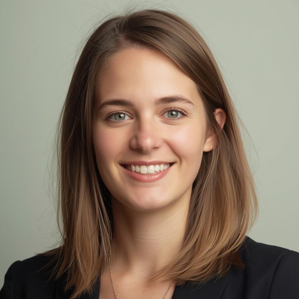 About “a young creative woman wearing a casual outfit, shoulder length hair, warm smile, pastel background, realistic lighting, professional testimonial portrait style.” no smile just random